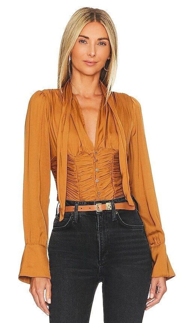 Free People Meet Me There Ruched Buttondown Top Amber Size XL